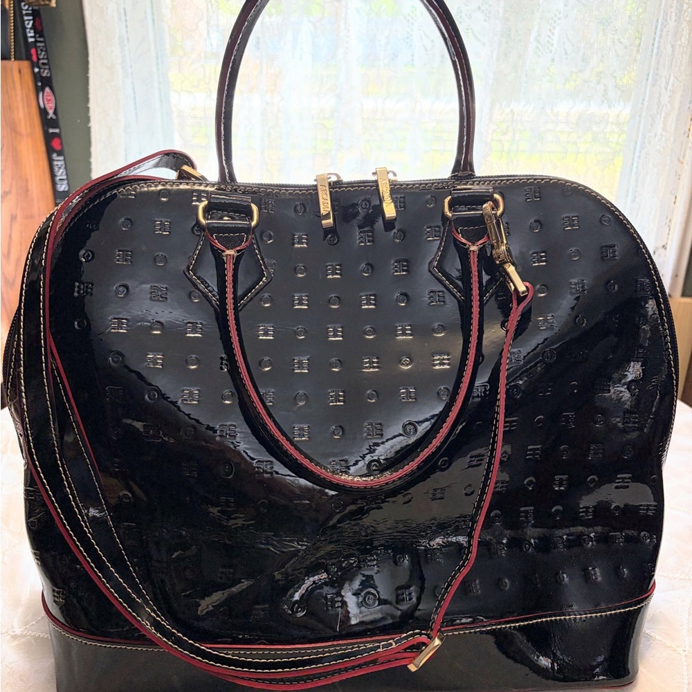 Arcadia Purse Large Black Embossed Double Handles & Long Strap Patent Leather